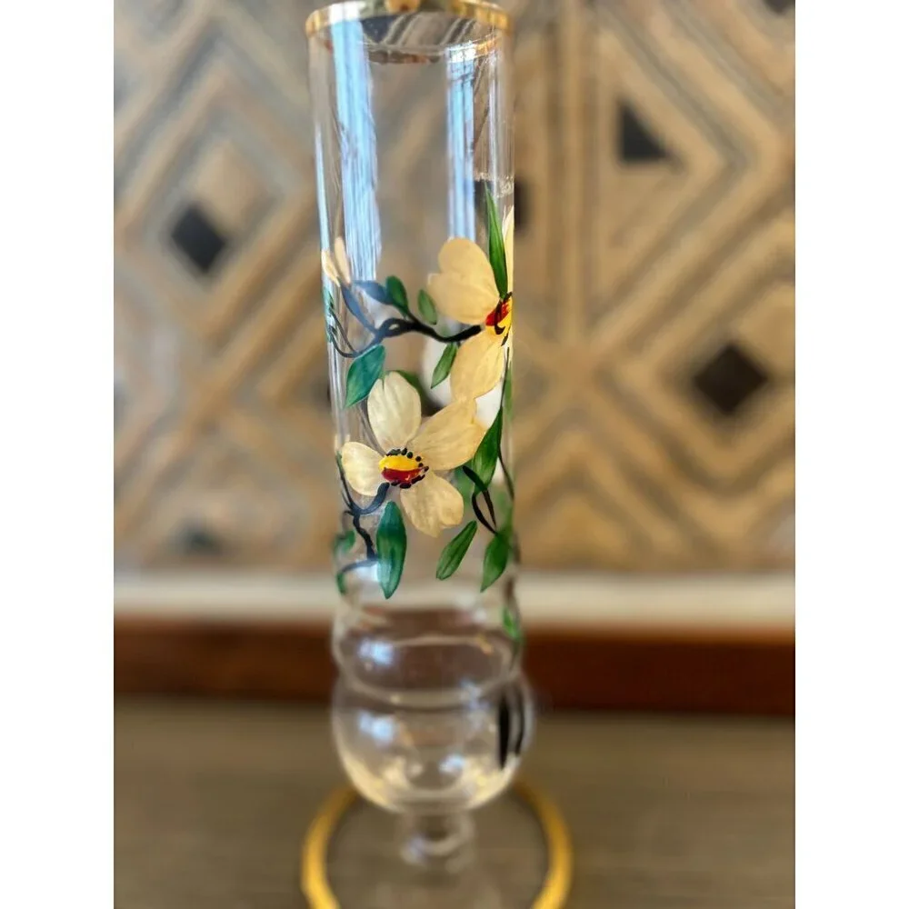 Vintage Hand-painted Pedestal GLASS VASE Painted Flowers Floral Gold Rim 8.25